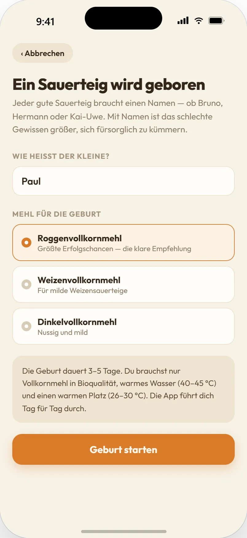 Neuen Sauerteig anlegen: Name und Mehl wählen
