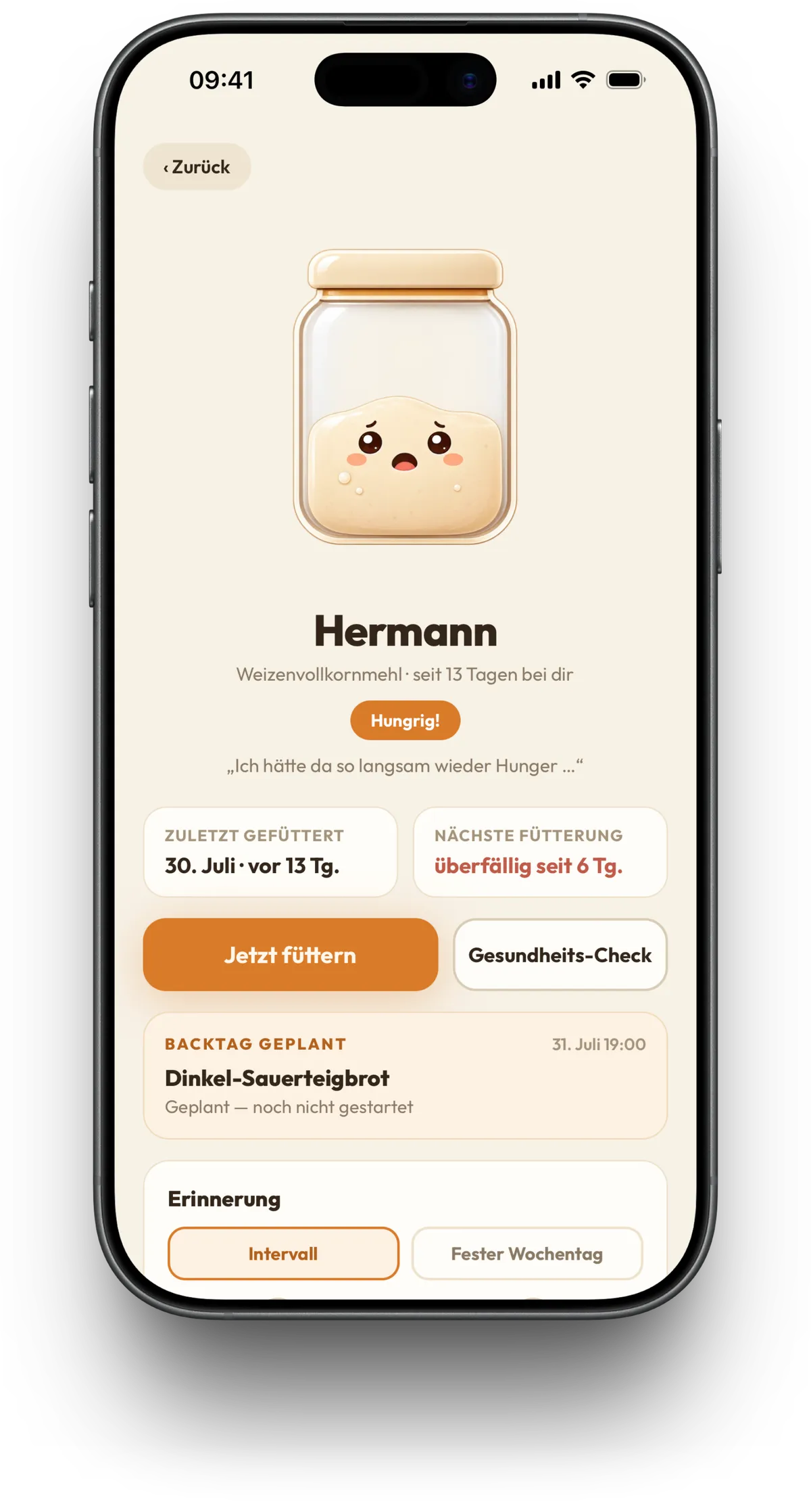 Mein Hermann auf dem iPhone, Detailansicht mit dem Sauerteig-Maskottchen