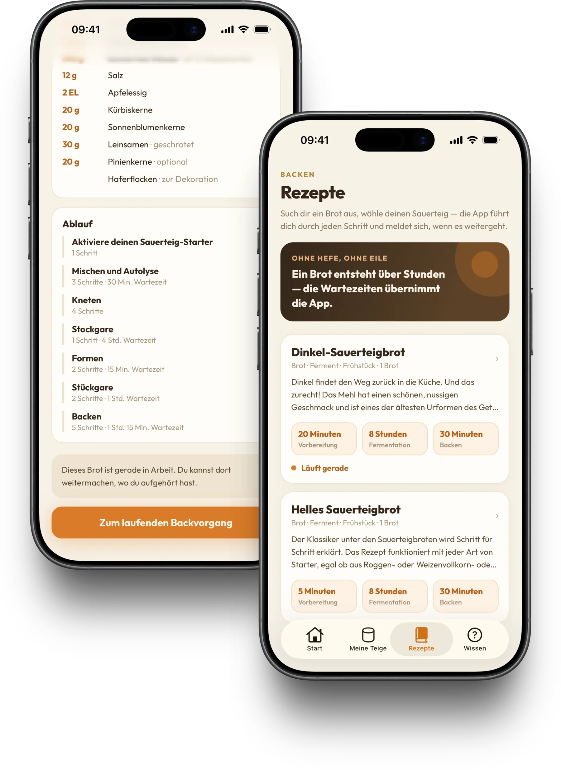Zwei iPhones mit Mein Hermann, Rezeptübersicht und Ablauf eines Sauerteigbrots