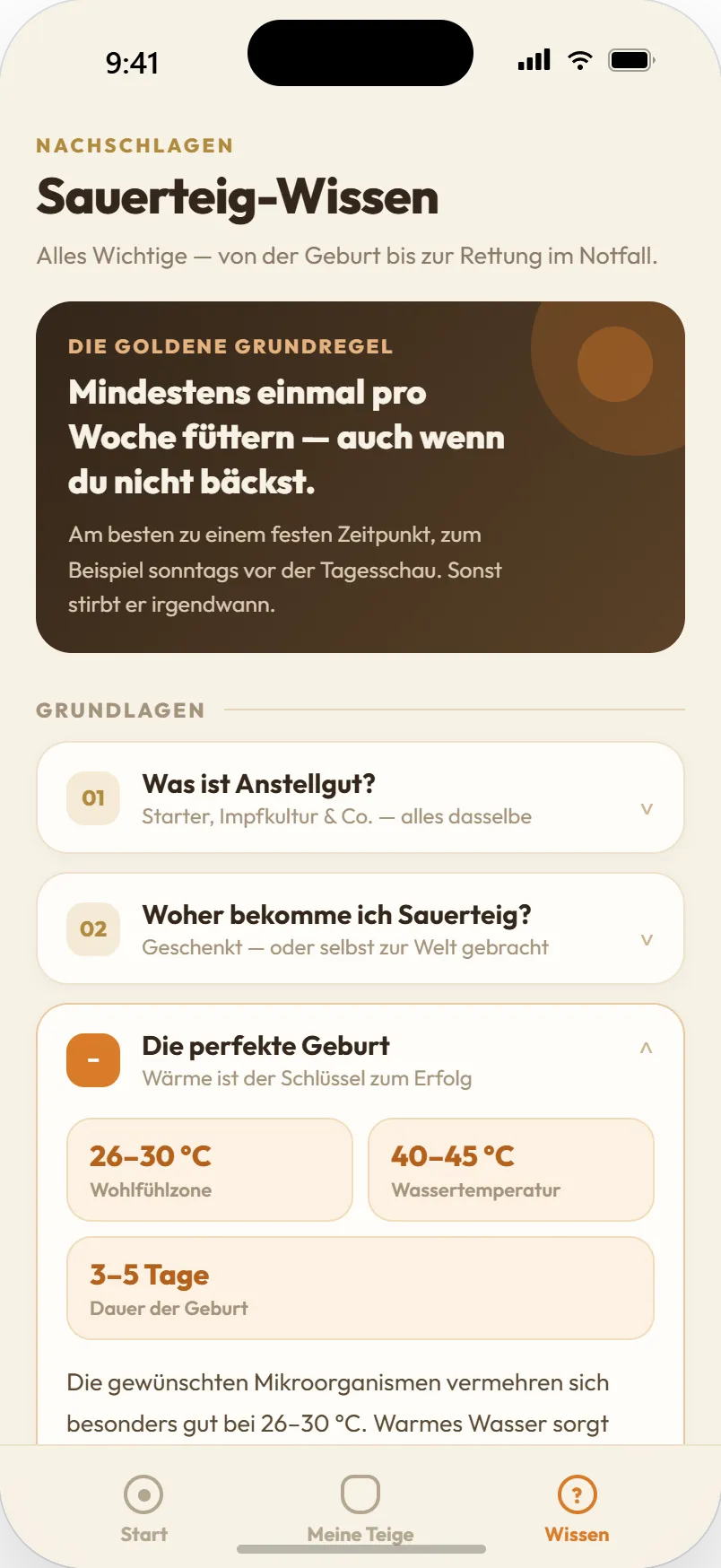 Wissensbereich mit Kapiteln und Temperatur-Fakten